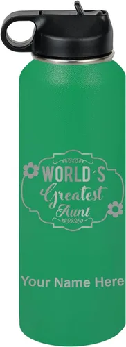 Vista 57 de LaserGram Botella de agua con tapa abatible de doble pared de 12 onzas con pajilla, la tía más grande del mundo, grabado personalizado incluido Negro