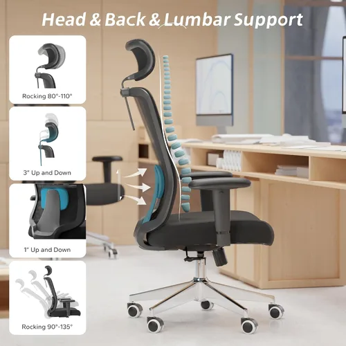 Vista 3 de Silla de oficina ergonómica, silla de escritorio de malla con reposacabezas ajustable y reposabrazos 2D, sillas de computadora con soporte lumbar