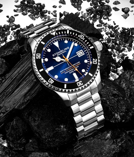 Vista 9 de Stuhrling Original DEPTHMASTER - Reloj de buceo profesional de acero inoxidable automático suizo para hombre, resistente al agua, pulsera cepillada