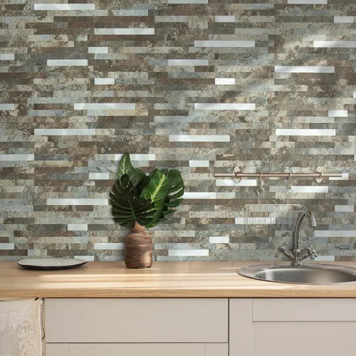 Vista 6 de AULIGET 20 hojas de pizarra beige y marrón para despegar y pegar, azulejos de pared de metal mixto de PVC plateado para salpicaduras para cocina