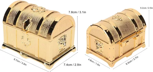 Vista 7 de Joyero de cofre del tesoro con terciopelo suave, caja de almacenamiento de joyas de metal dorado retro, joyero, anillos, aretes, collar, organizador