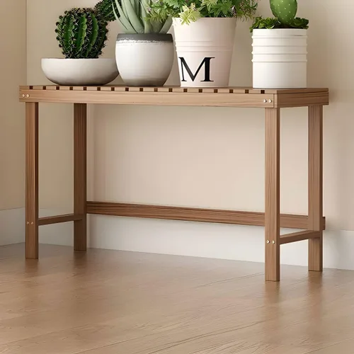 Vista 13 de Soporte rectangular para plantas de madera maciza de 1 nivel, 4 patas, flores, suculentas, rábano verde, de una sola capa, escalera de balcón Marrón