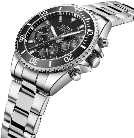 Vista 2 de Relojes para hombre, cronógrafo, acero inoxidable, impermeable, fecha analógica, de cuarzo, de negocios, relojes de pulsera, A2-plata