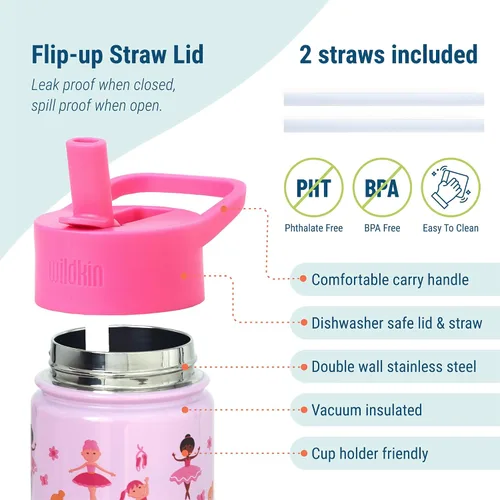 Vista 4 de Wildkin Kids - Botella de agua de acero inoxidable de 14 onzas para niños – Sin BPA, a prueba de fugas, aislada, fácil de limpiar - Ballerina