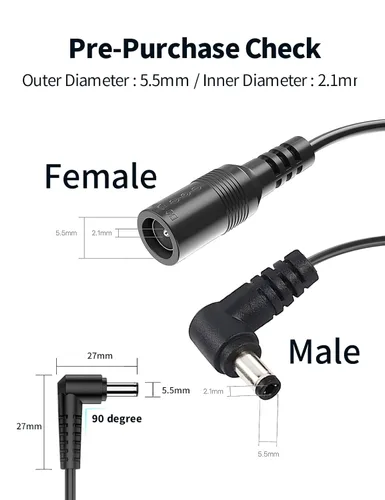 Vista 2 de Tonton Paquete de 2 cables de extensión de alimentación de CC de 3.3 ft, 3.3 pies, 0.217 in x 0.083 in, 90 grados de ángulo recto hembra a CC macho
