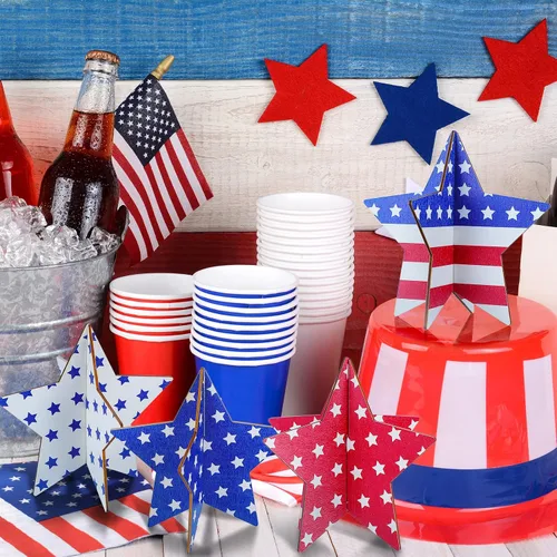 Vista 5 de Bucherry 4 juegos de centros de mesa patrióticos para el Día de los Caídos de madera, letreros de estrellas de madera, rojo, blanco, azul, 4