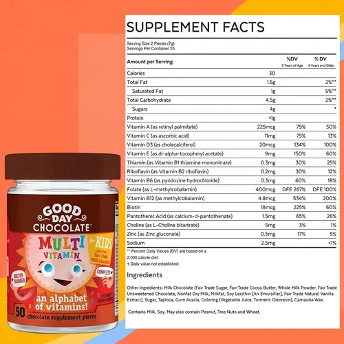 Vista 2 de Good Day Chocolate Multivitamínico completo para niños, suplemento diario de vitaminas A, B6, B12, C, D, E, folato y biotina, chocolate de comercio