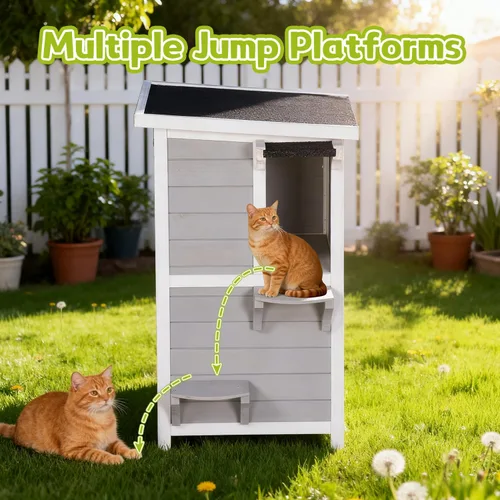 Vista 6 de Casa para gatos al aire libre de 2 pisos con puerta de escape, refugio para gatos feral, resistente a la intemperie para exteriores, techo