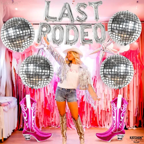 Vista 2 de KatchOn, Juego de 15 globos de rodeo – plata, bola de discoteca, botas de vaquera, despedida de soltera, boda, decoraciones de cumpleaños