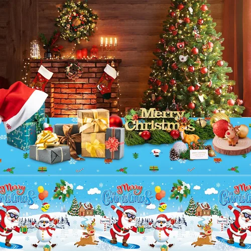 Vista 6 de 3 piezas de mantel de Navidad - Mantel de plástico de Papá Noel genial para Navidad, mantel rectangular desechable azul y blanco para decoración