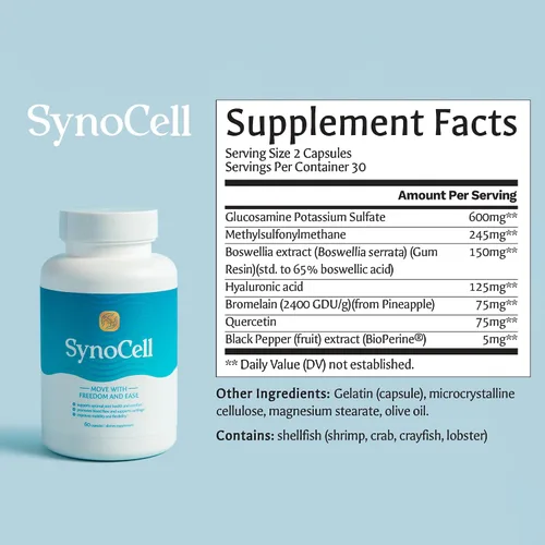 Vista 6 de Suplemento de apoyo para la espalda, el cuello y las articulaciones de glucosamina y condroitina de Synocell con boswellia, quercetina y MSM