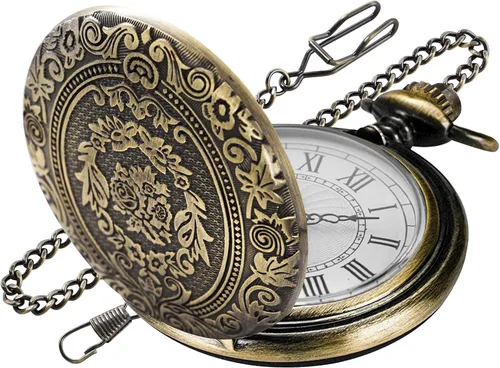 Vista 12 de Large Decorative Flower Pattern White Roman Numeral Scale Quartz Pocket Watches for Men with Chain