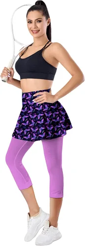 Vista 3 de QINGXUN Leggings con falda para mujer, leggings con falda de tenis con bolsillo, leggings de yoga con faldas, faldas atléticas de golf