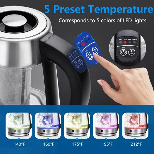 Vista 2 de Aigostar Hervidor Eléctrico, Tetera con Control de Temperatura e Infusor de Té, Hervidor de Agua Caliente de 1500W con Temperatura Variable, Función