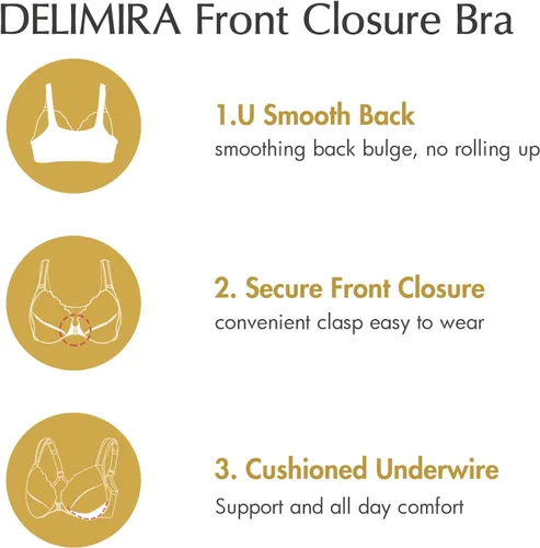 Vista 4 de DELIMIRA Sujetadores con cierre frontal para mujer, talla grande, con encaje, cobertura completa, sin forro