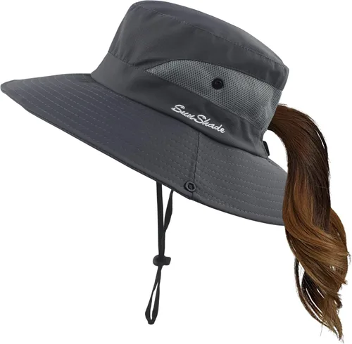 Vista 10 de Sombrero de verano para mujer, ala ancha, protección UV, plegable, para cola de caballo, para playa, pesca, senderismo Beige