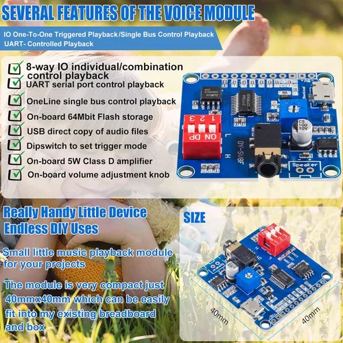 Vista 3 de 2 unids placa de módulo de reproducción de voz reproductor de MP3 Módulo de voz de música, 5W 64MBit Flash Serial Control SD/TF Tarjeta IO