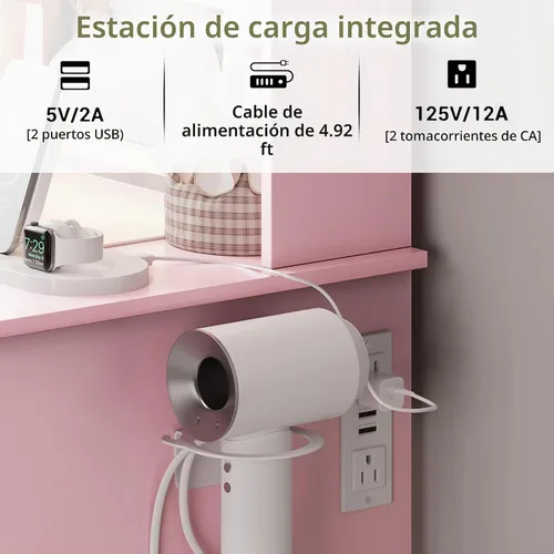Vista 8 de HUANLEGO Pequeño escritorio rosa con espejo y luces para mujeres y niñas