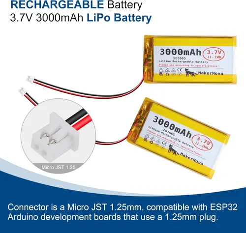 Vista 7 de Paquete de 4 baterías LiPo de 3.7 V 103665 3000 mAh, 1S 3C recargable, conector Micro JST 1.25, placa de protección dual