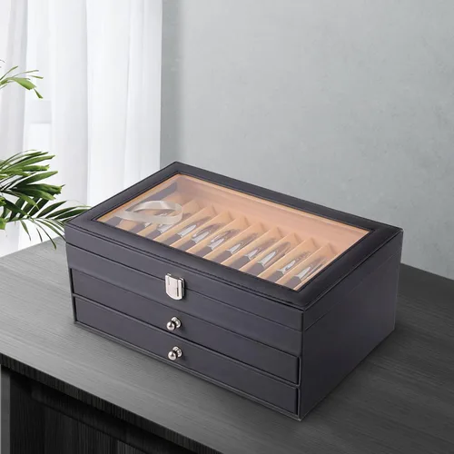 Vista 8 de Caja organizadora de bolígrafos de franela de cuero negro de 36 piezas, caja organizadora de bolígrafos de vidrio con tapa, vitrina de cristal