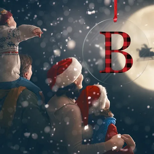 Vista 6 de Adornos de Navidad personalizados, monograma personalizado, letra inicial B, divertida decoración colgante de Navidad, a cuadros rojos y negros