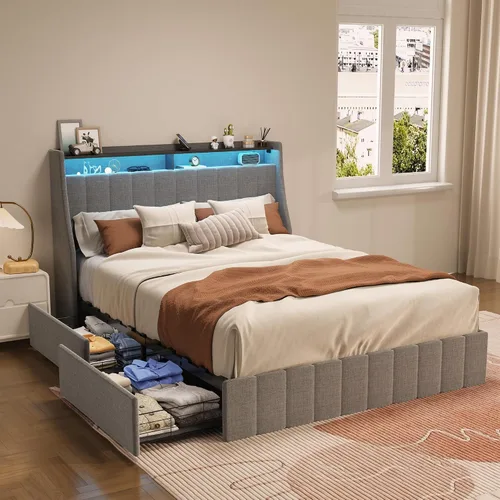 Vista 11 de Livavege Base de cama Queen con cabecera LED y 4 cajones de almacenamiento sobre ruedas, cama de plataforma tapizada con alas con salidas y puertos