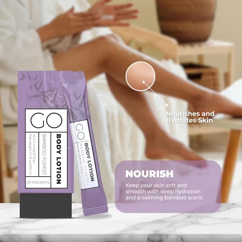 Vista 4 de Go Essentials Paquetes individuales de loción de viaje – Loción corporal y de manos para piel hidratada y artículos de tocador de tamaño de viaje.
