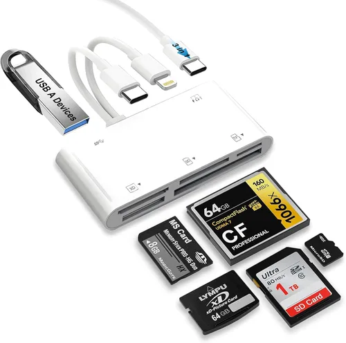 Vista 9 de Lector de tarjetas SD para iPhone iPad, adaptador de tarjeta SD/Micro SD 2 en 1, conector dual (Lightning y USB-C) para tarjetas de memoria SD y TF
