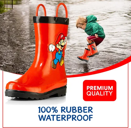 Vista 5 de Nintendo Super Mario - Botas de lluvia de goma impermeables con asas fáciles de poner, para niños pequeños y pequeños
