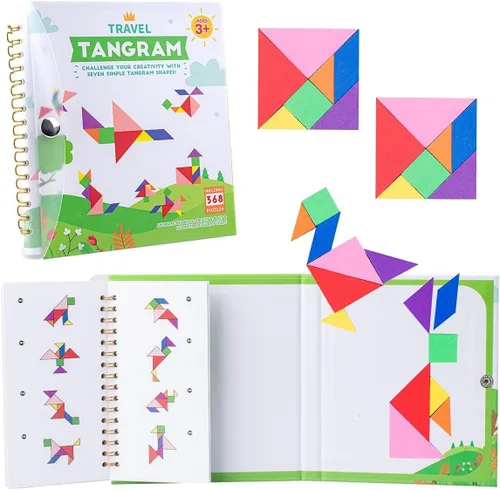 Vista 8 de Vanmor Rompecabezas de Tangram de viaje, 3 juegos de tangram magnético con solución 240, bloques de patrón de forma Montessori, rompecabezas