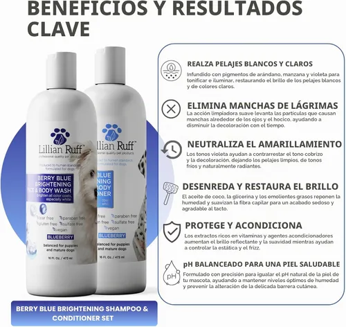 Vista 3 de Lillian Ruff Fórmula PRO Berry Blue Brightening Set de Champú y Acondicionador para Perros - Blanqueador de Calidad Profesional para Exposiciones