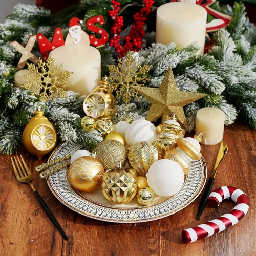 Vista 4 de XmasExp - Paquete de 99 adornos de bolas de Navidad surtidos Juego de bolas de Navidad inastillables con paquete de regalo de mano reutilizable