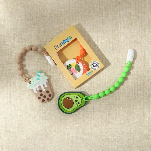Vista 5 de Juguete mordedor de silicona de grado alimenticio para bebés con soporte para chupete, juguetes de dentición, juego de regalo para niños y niñas a