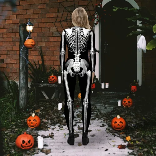 Vista 3 de Disfraz de esqueleto de Halloween para mujer, traje de cosplay con estampado 3D de calavera de hueso, traje ajustado