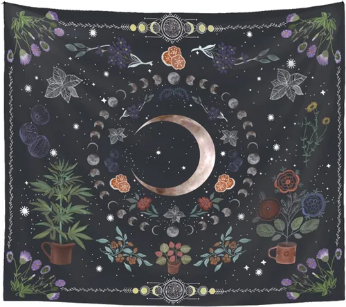 Vista 10 de LINICE Tapiz de plantas, tapiz de fase lunar de la naturaleza para colgar en la pared, tapiz bohemio de mandala estético para decoración