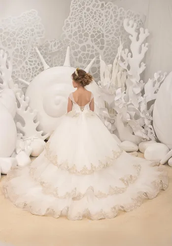 Vista 4 de KNCERY Vestido formal de tul de encaje para niña de flores con tren para primera comunión