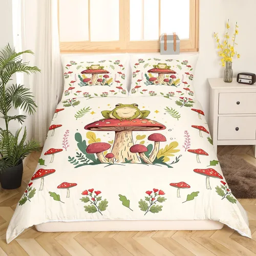 Vista 2 de Juego de funda de edredón con estampado de rana para niños, juego de ropa de cama Kawaii para decoración de habitación, diseño de hongos y rana