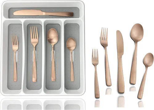 Vista 11 de JASHII - Juego de cubiertos con bandeja, 20 piezas de acero inoxidable cuadrado cubiertos servicio para 4, acabado mate, utensilios de alimentación