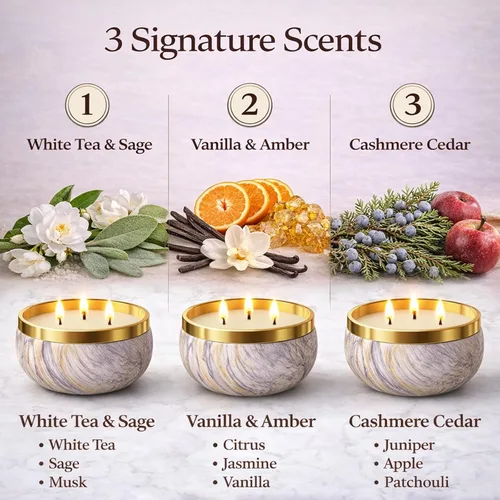 Vista 8 de YMing Juego de 3 velas de regalo de 3 mechas, 14 onzas cada una, velas perfumadas para el hogar, té blanco y salvia, vainilla y ámbar, cedro