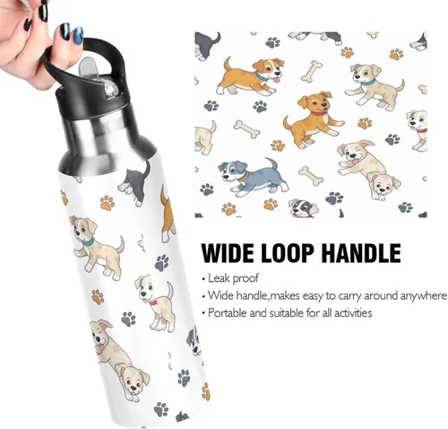 Vista 4 de Paw Prints Dog Bones White Stainless Steel Vacuum Insulated Water Bottle 20 Oz Leakproof Water Bottles, BPA-Free Sports Water Bottle with Straw