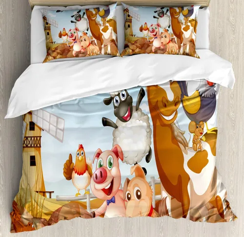 Vista 10 de Ambesonne Juego de funda de edredón natural, pájaros flamencos y palmeras en Miami, exóticos paisajes naturales tropicales, juego de ropa de cama