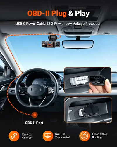 Vista 3 de VANTRUE Cable de alimentación con cableado directo OBD de pantalla LED USB USB-C de 10 pies, 3 niveles de potencia, protección de bajo voltaje