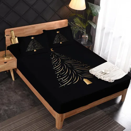 Vista 2 de Sábanas de árbol de Navidad tamaño individual, sábanas de cama negras y doradas, microfibra suave, bolsillo profundo, sábanas y fundas de almohada