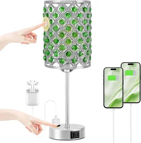 Vista 14 de Lámpara de mesa de cristal con control táctil, lámpara de mesita de noche regulable con puertos de carga USB-C+A y CA, lámpara USB dorada de 3 vías