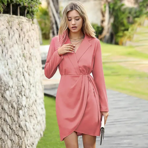 Vista 5 de EXLURA Vestido de trabajo formal de manga larga con cuello en V para mujer, vestido de trabajo formal fruncido, mini vestido de cóctel, vestidos