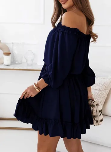 Vista 2 de Dokotoo Vestido de primavera 2024 con volantes y hombros descubiertos para mujer, manga larga, cintura elástica, acampanado, casual, mini vestidos