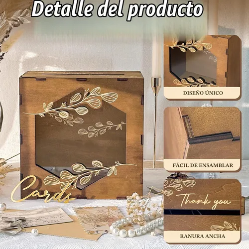 Vista 5 de Caja de tarjetas de boda marrón OurWarm con ventana de acrílico, caja de tarjetas de regalo de madera para decoraciones de recepción de boda, caja