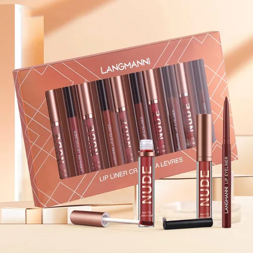 Vista 6 de LANGMANNI Aceite de labios (fresa+coco)+6 lápices labiales mate con 6 delineadores de labios Set de maquillaje duradero