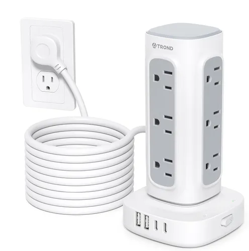 Vista 12 de TROND Torre de Regleta de Alimentación Retráctil – Regleta protectora de sobretensiones de enchufe plano con USB C PD de 20 W, cable de extensión