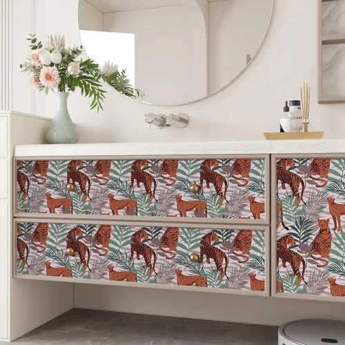 Vista 7 de CRE8TIVE Papel tapiz de animales de tigre y leopardo, hojas exóticas de selva tropical, papel tapiz de despegar y pegar, papel tapiz de 12 x 118